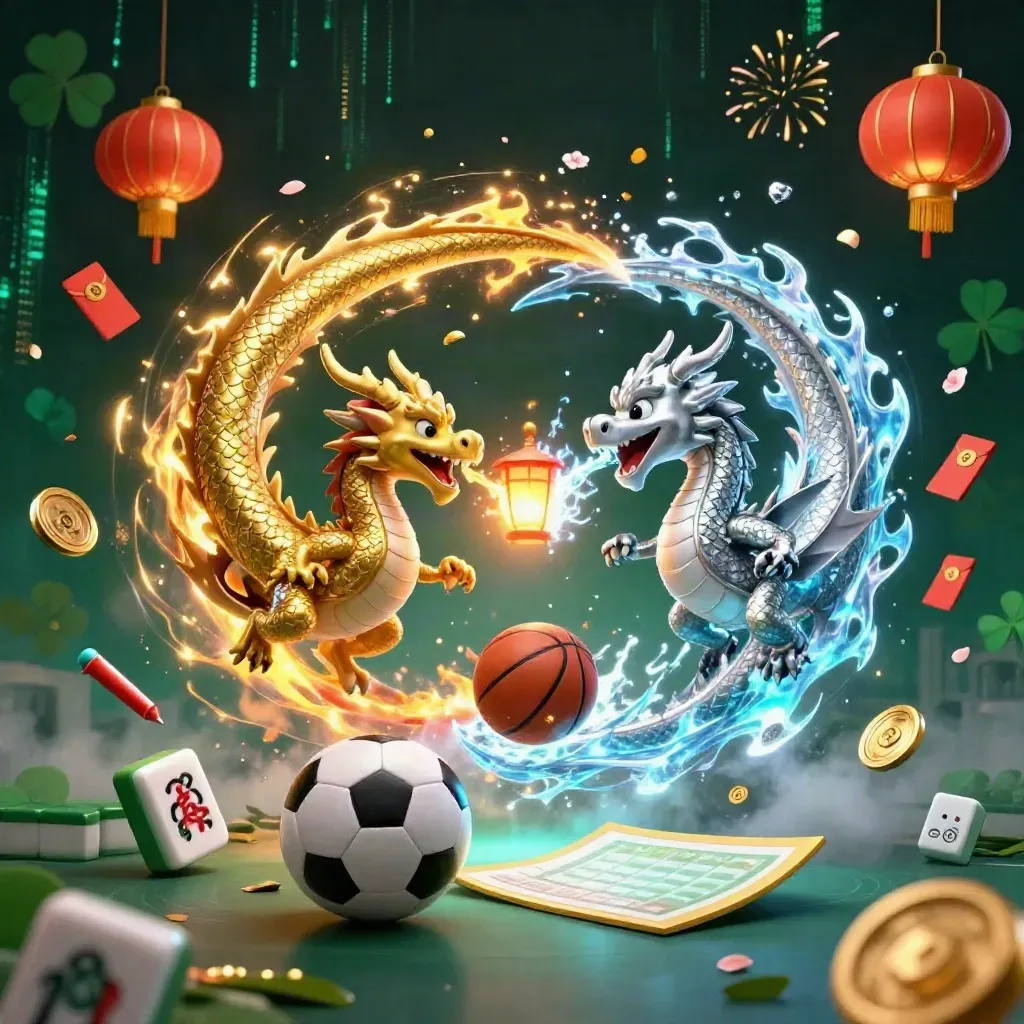 Gold and silver dragons spiral with fire and ice over casino symbols in neon stormlight.