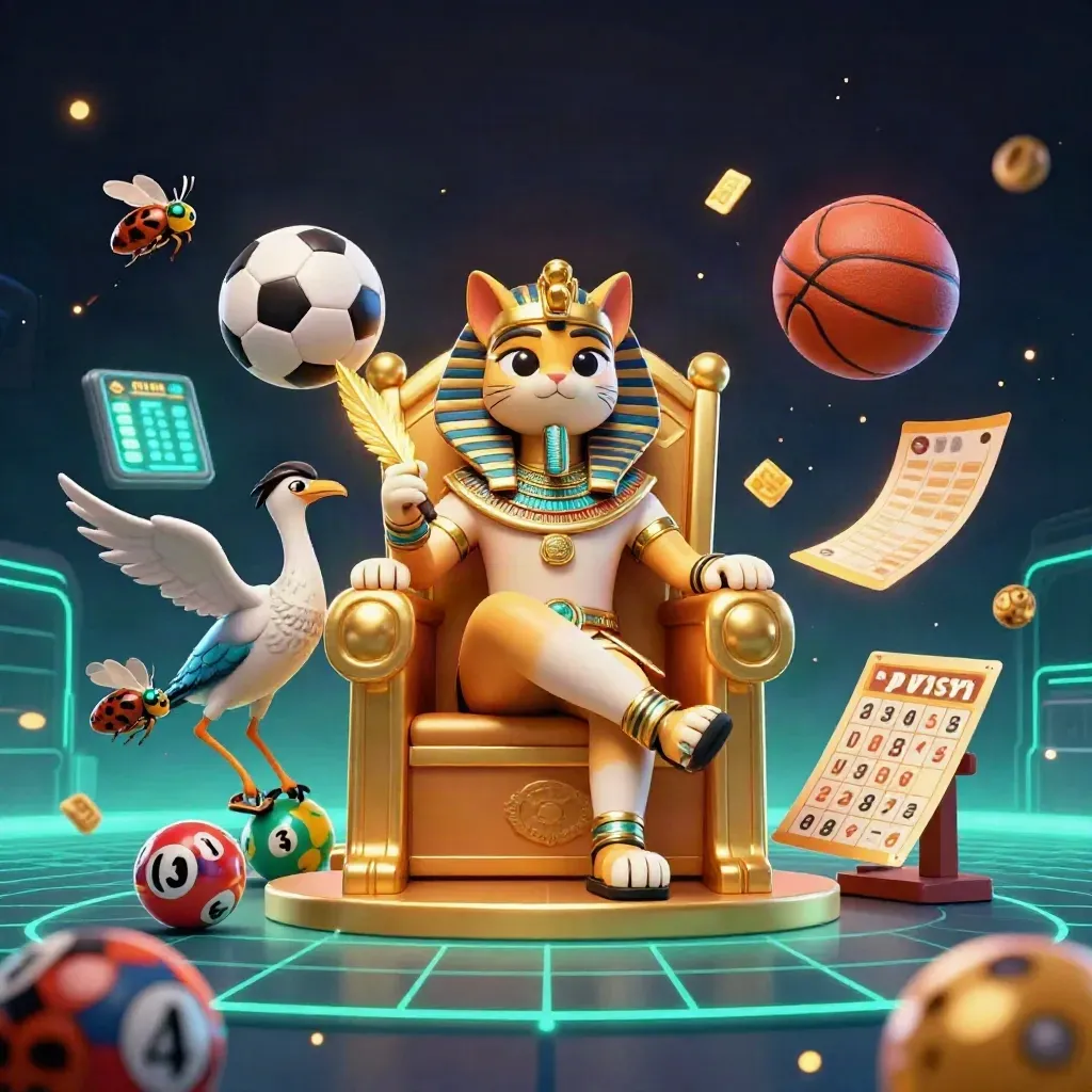 Pharaoh cat on golden throne with ibis scribe, scarabs, casino icons, and flying balls.
