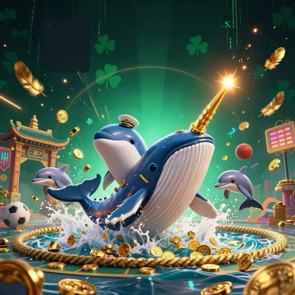 Whale captain, narwhal, and dolphins burst through coins amid neon casino storm art.