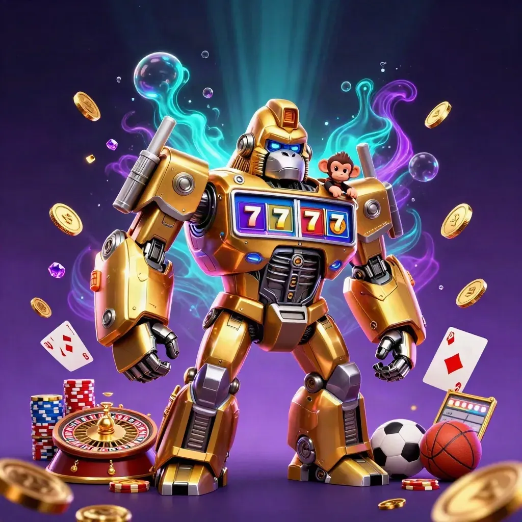 Golden gorilla mech with tiny monkey pilot, casino icons exploding in neon storm light.