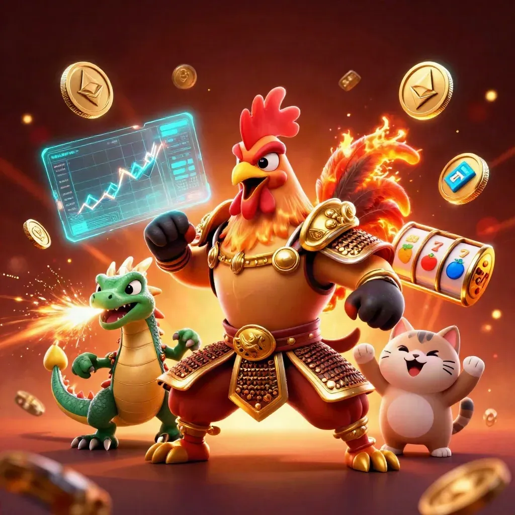 Rooster warrior, spark-breathing hatchling and lucky cat amid teal casino chaos and flying coins