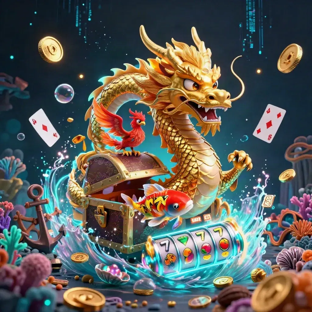 Golden dragon, red phoenix, and koi erupt from a teal-lit treasure cove with coins and gems.