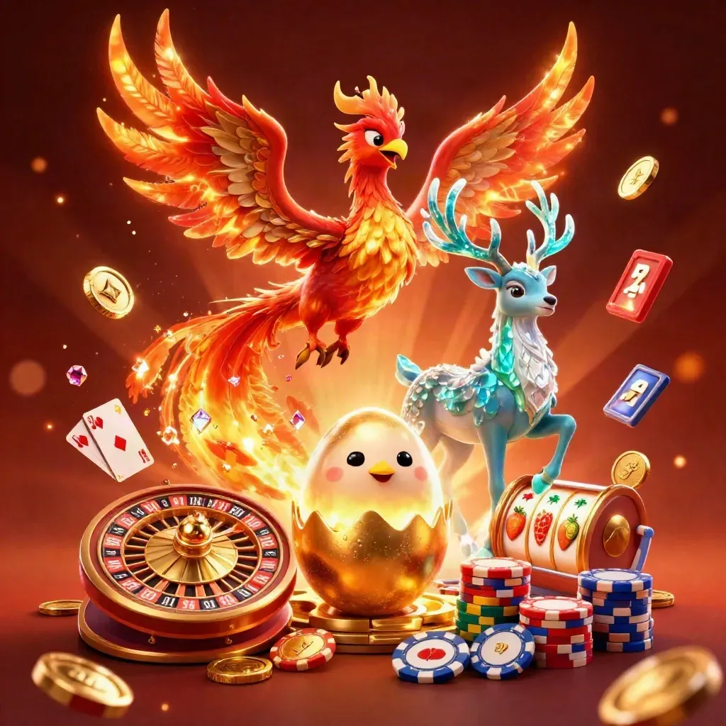 Fire phoenixes and a crystalline stag burst amid coins, gems, and casino treasures in fiery gold glow.