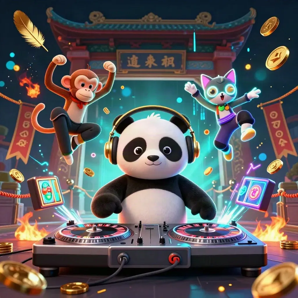 DJ panda, breakdancing monkey, and rave kitten in a neon temple casino storm.