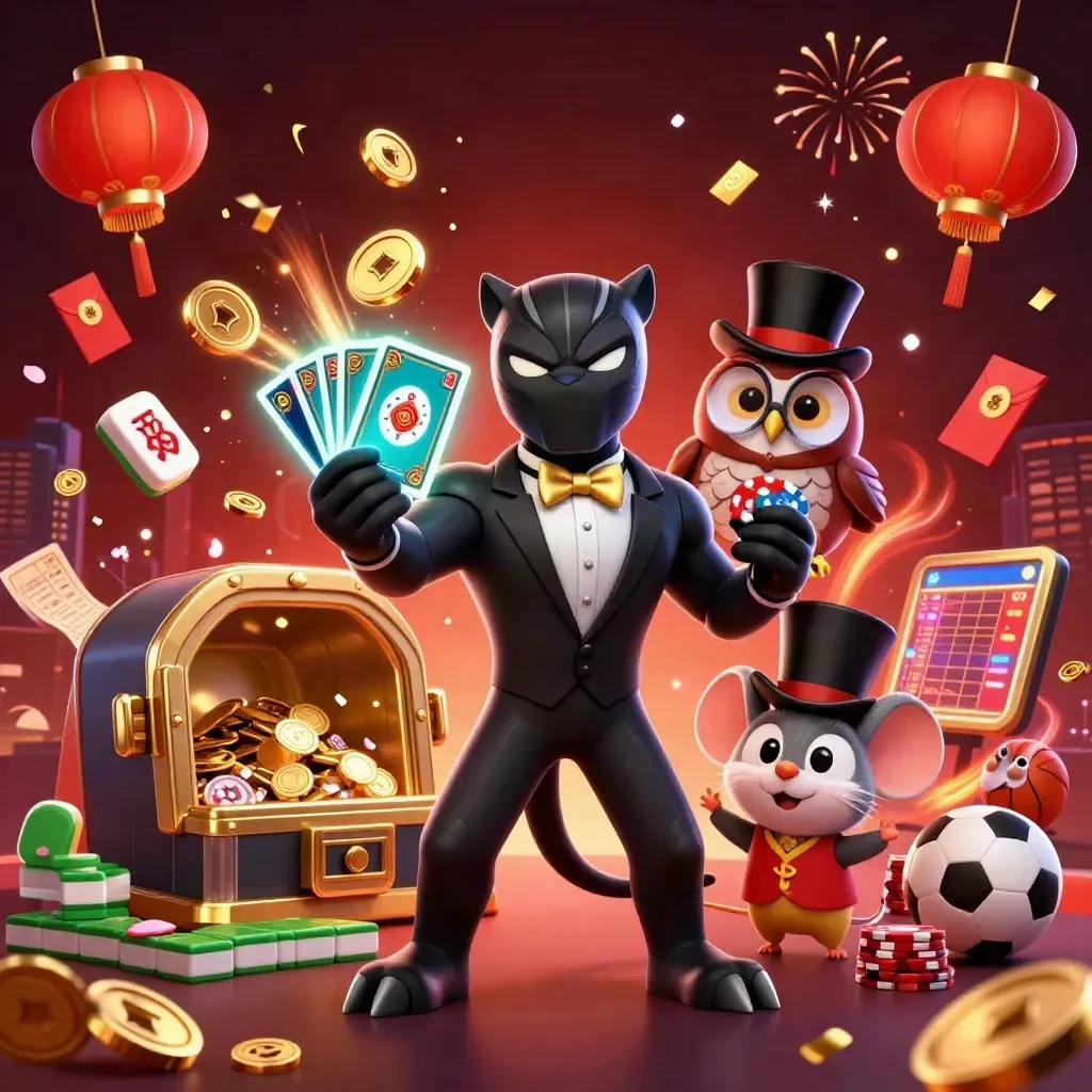 Panther, owl, and mouse amid casino loot, coins, fireworks, and neon storm energy.